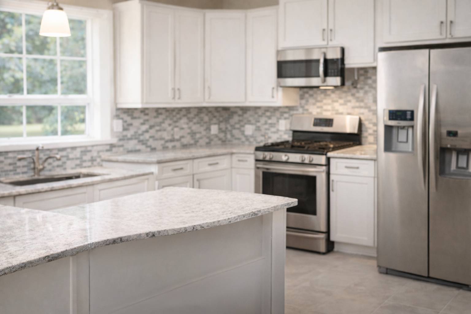 Finished kitchen with white cabinetry, tile backsplash, and light stone counters