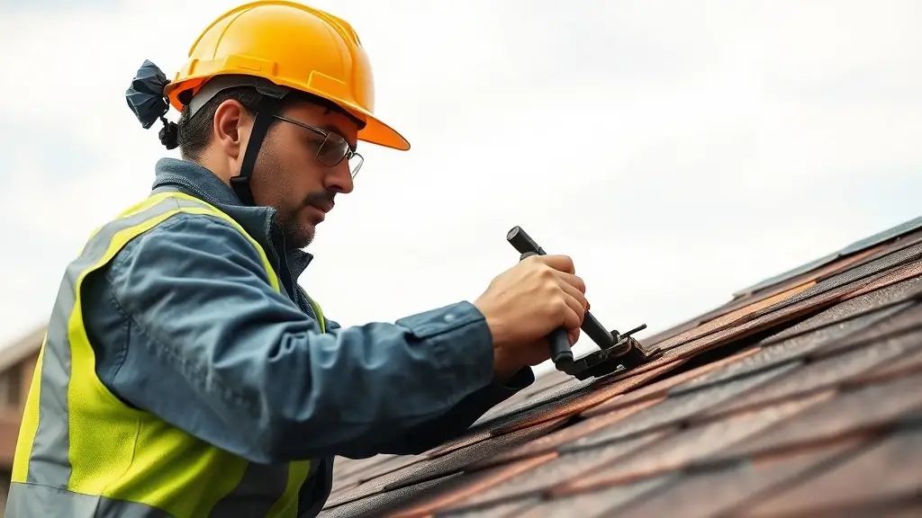Roofing worker wearing a hard hat and safety vest repairing shingles with a hammer