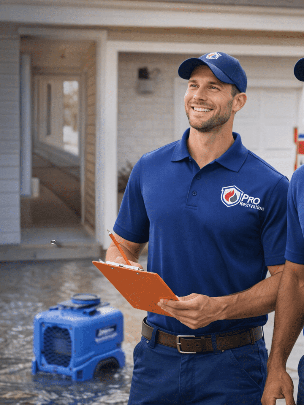 Restoration professional with a clipboard standing beside drying equipment in an affected room
