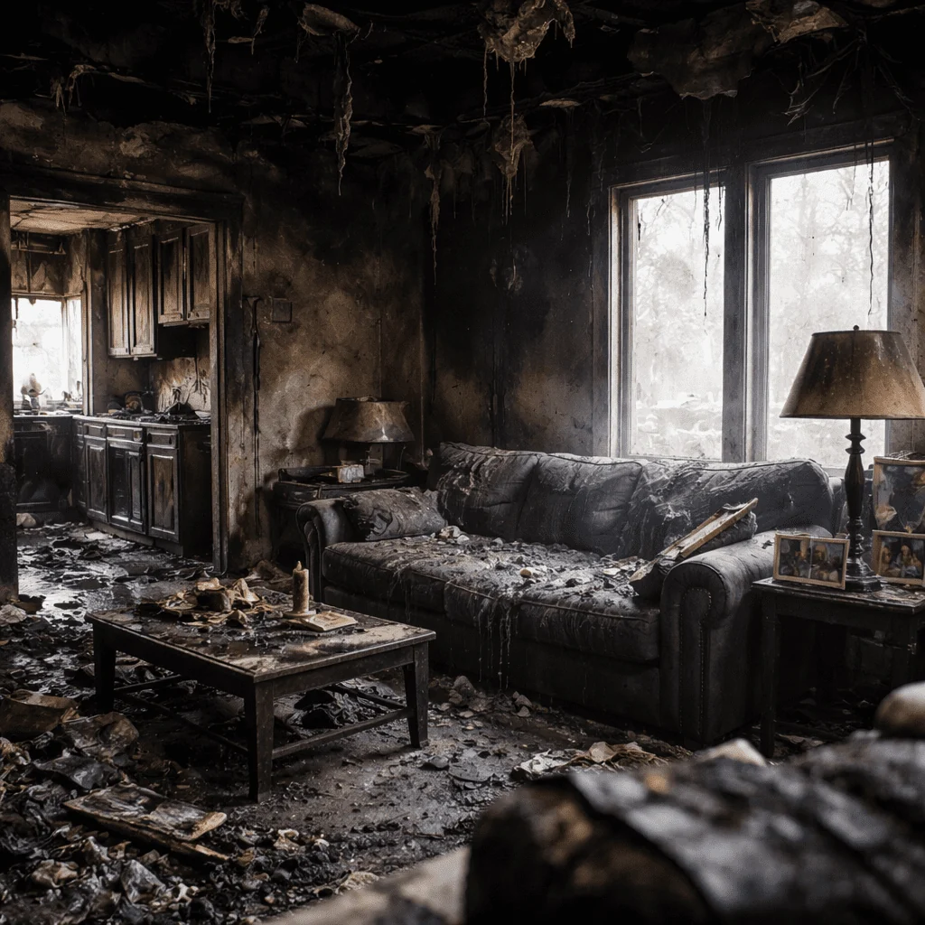 Soot-covered living room with charred walls and damaged furnishings