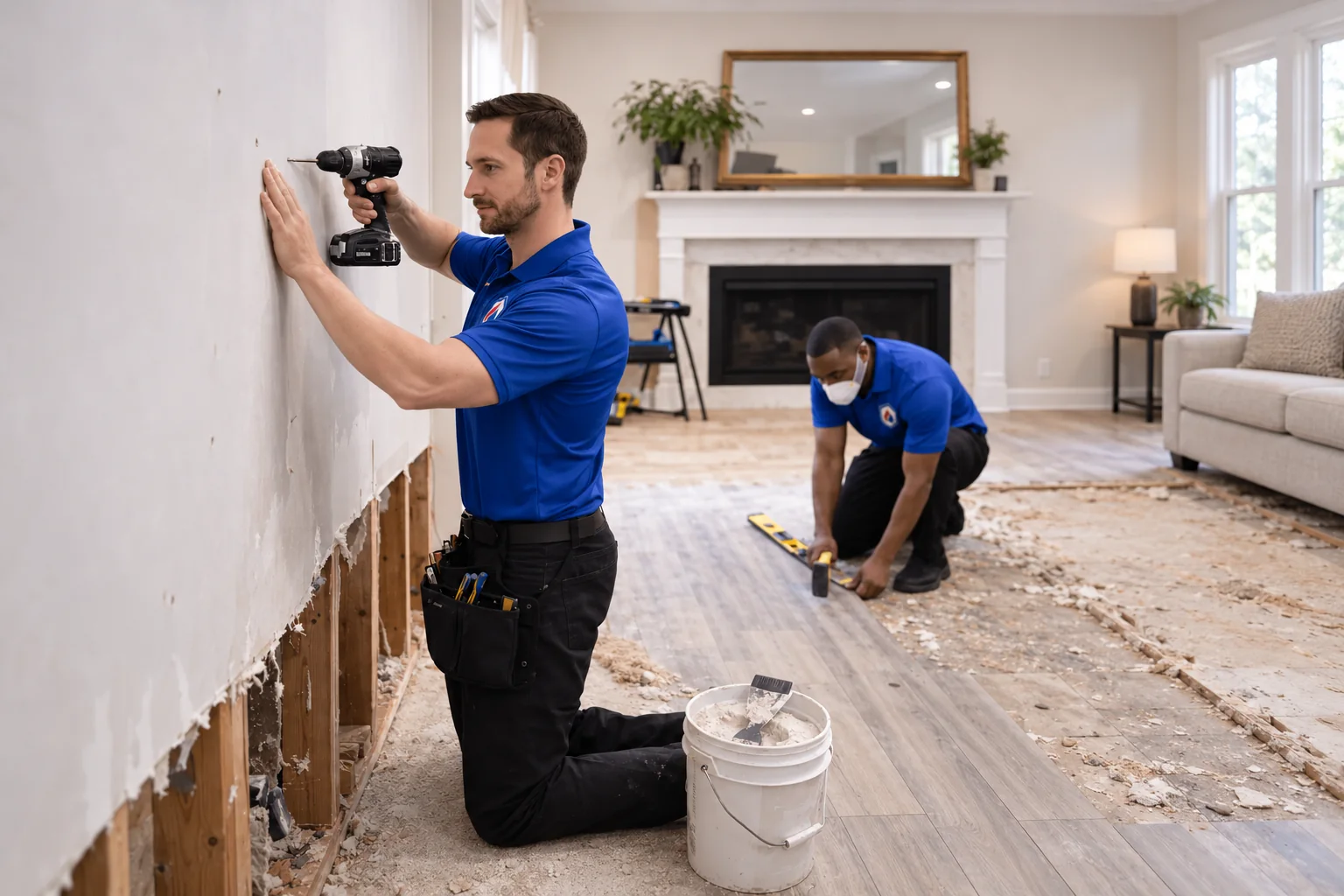 Restoration crew repairing drywall and flooring during interior reconstruction