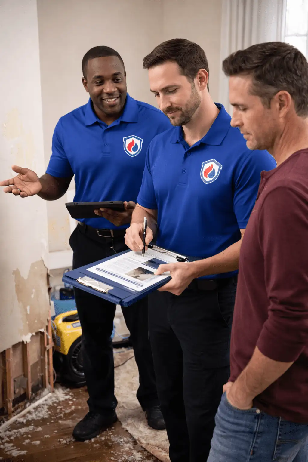 Restoration team reviewing repair documentation with a homeowner