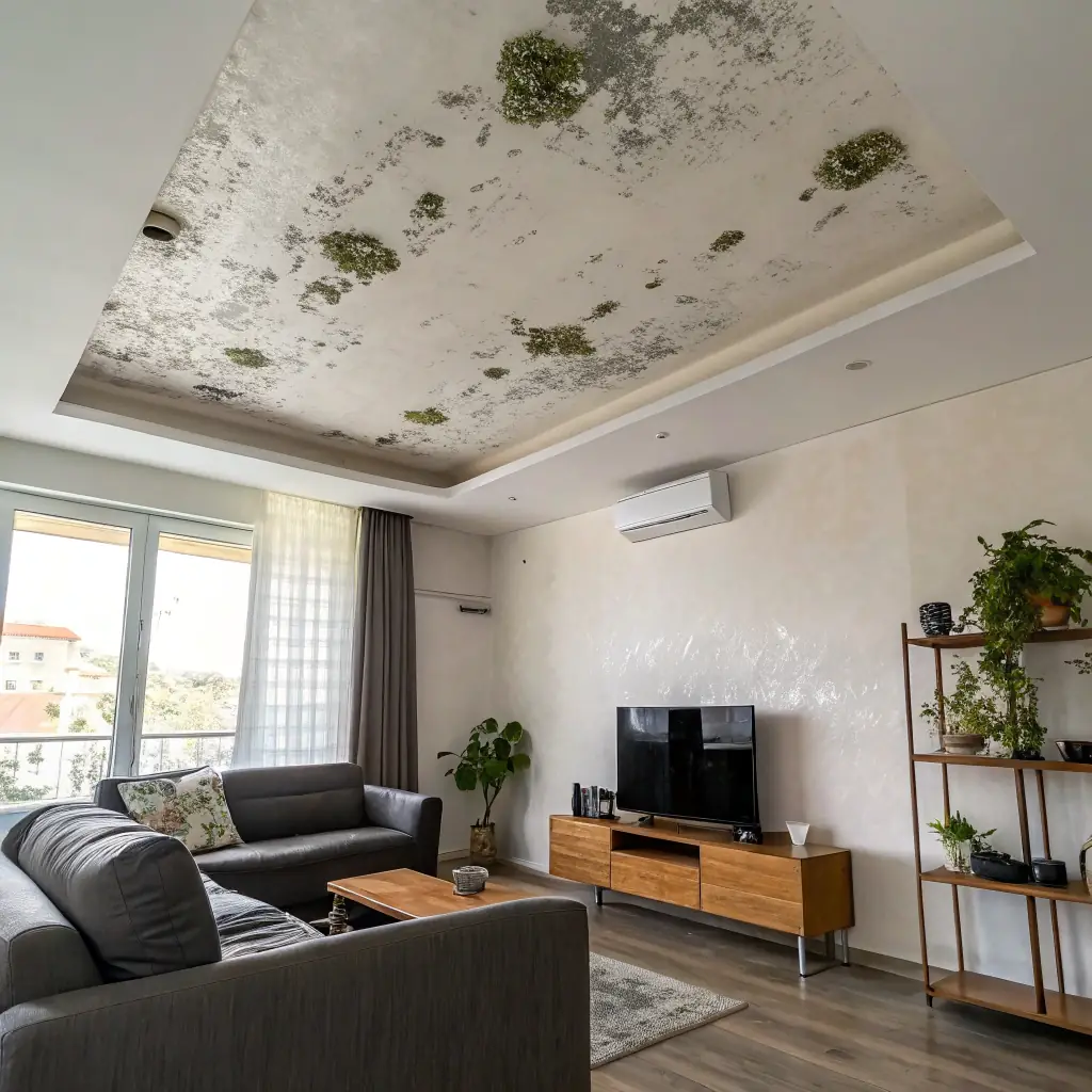 Dark staining across a living-room ceiling above sofas and windows
