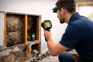 Technician holding a thermal imaging camera beside opened drywall and insulation