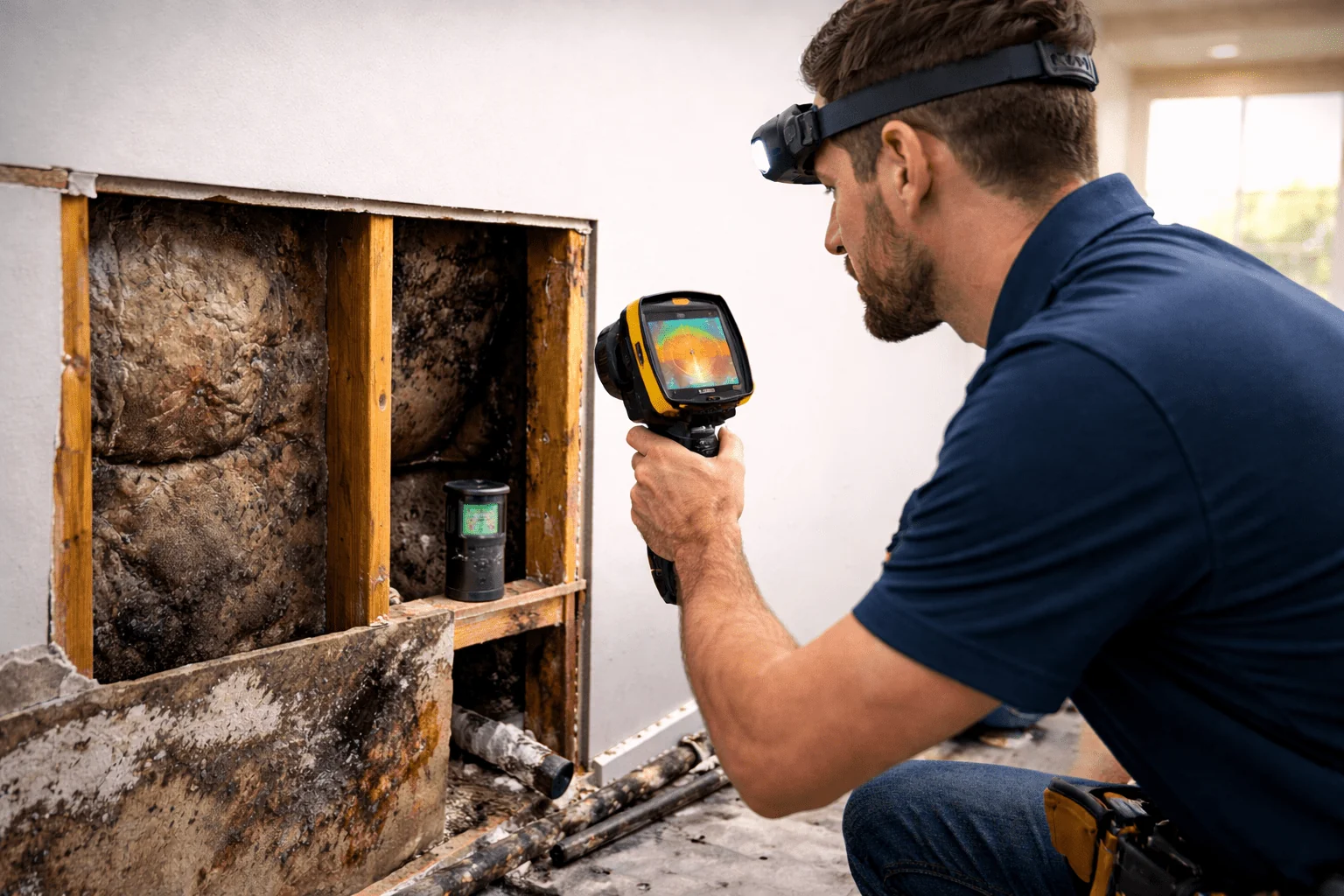 Technician holding a thermal imaging camera beside opened drywall and insulation