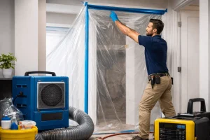 Restoration worker securing plastic containment beside filtration equipment