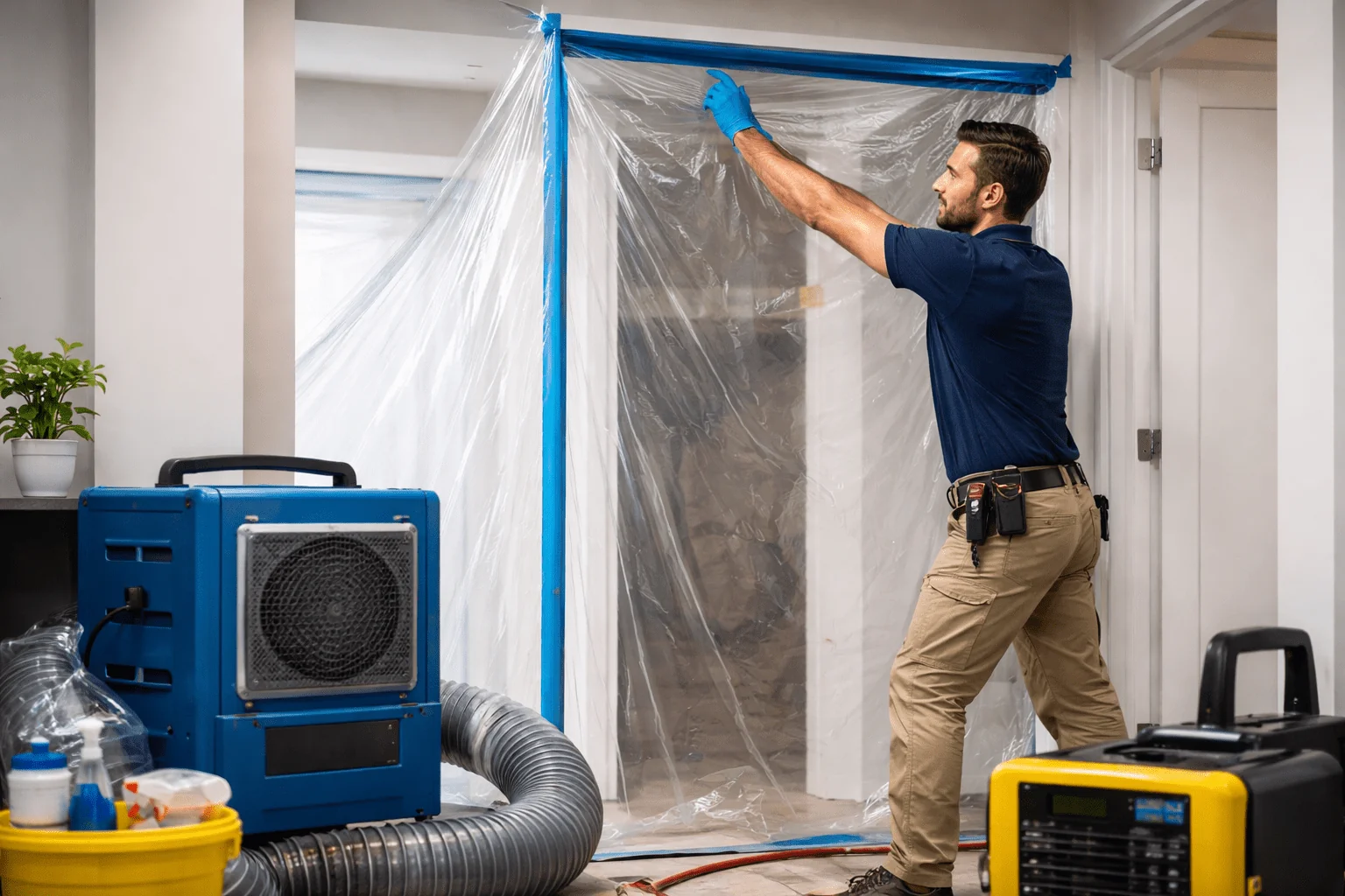 Restoration worker securing plastic containment beside filtration equipment