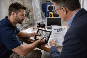 Two professionals reviewing property photographs and insurance claim paperwork