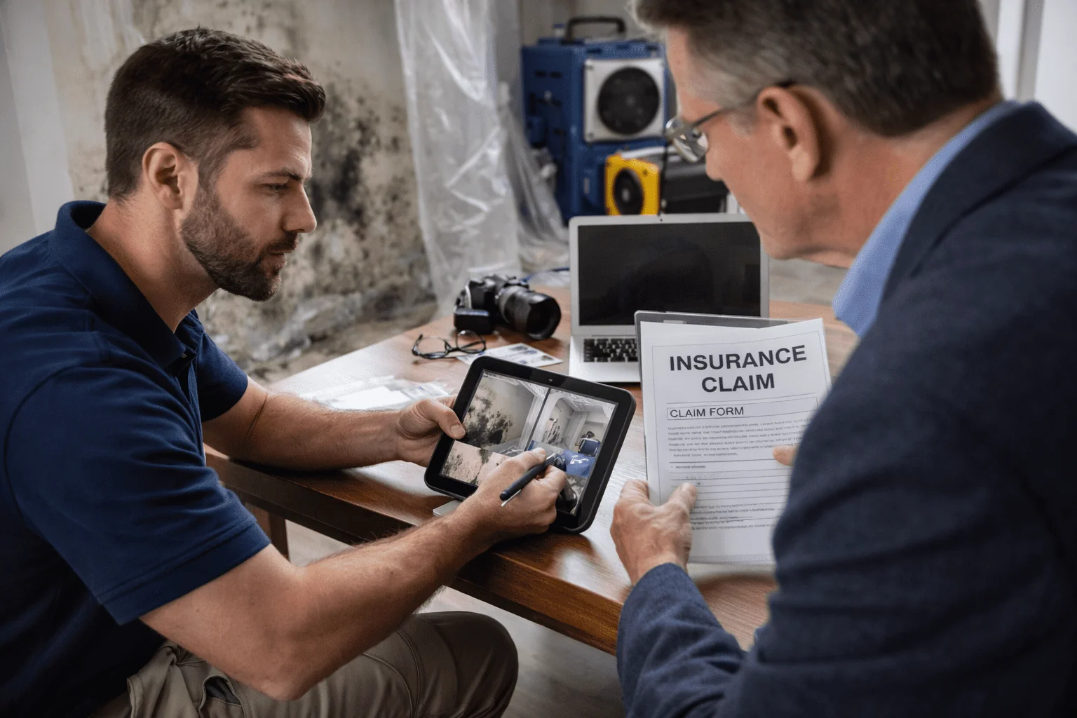 Two professionals reviewing property photographs and insurance claim paperwork