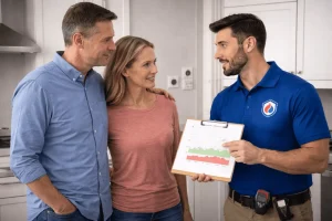 Restoration professional explaining a printed chart to two homeowners
