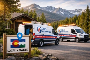 Restoration vans beside a Colorado-themed sign with mountains in the background