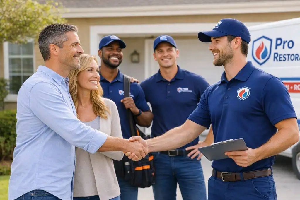 Pro Restorations crew greeting homeowners outside a house, illustrating restoration services in Glendale
