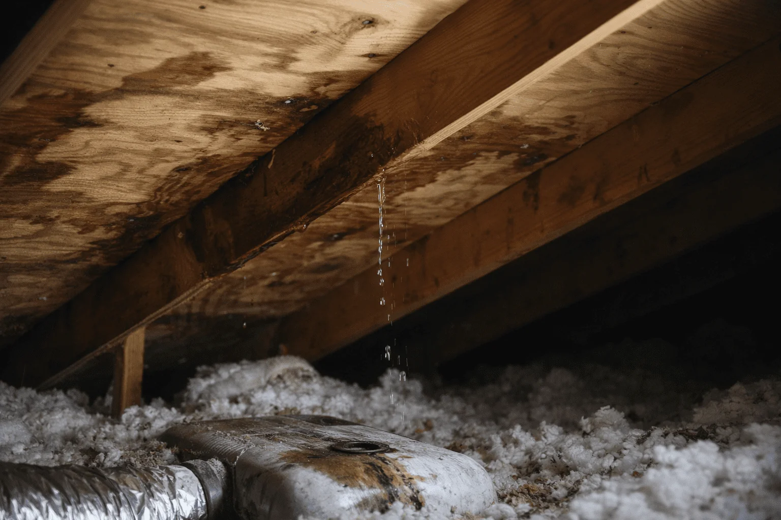 Water dripping from stained roof decking and rafters above attic insulation, illustrating roof leak damage