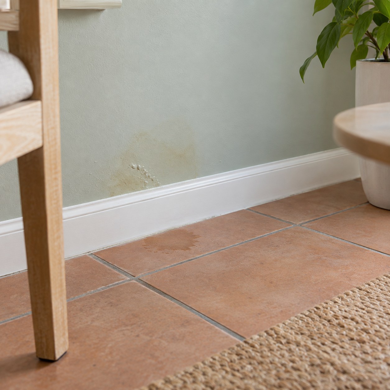 Water staining and bubbling paint above a baseboard beside damp tile, illustrating water damage restoration glendale
