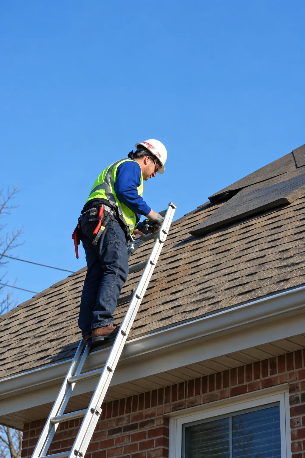 Roofing professional examining shingles from a ladder