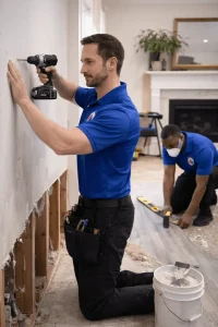 Restoration crew repairing affected interior walls and flooring