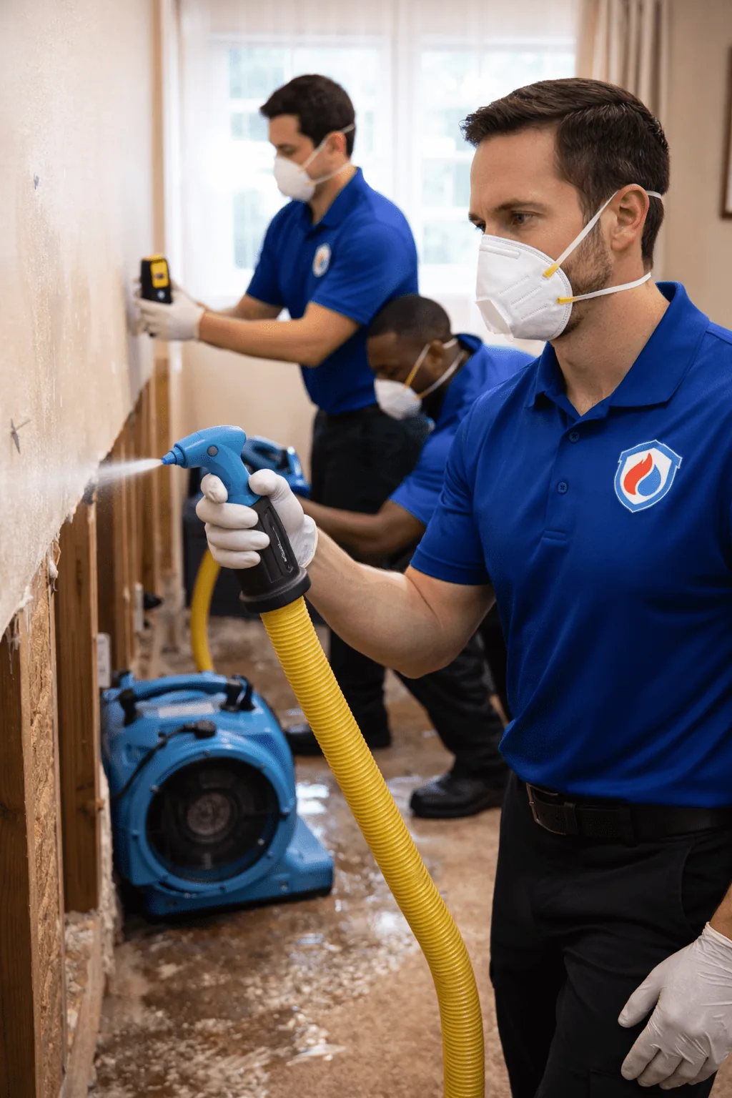 Technicians treating affected wall materials during remediation