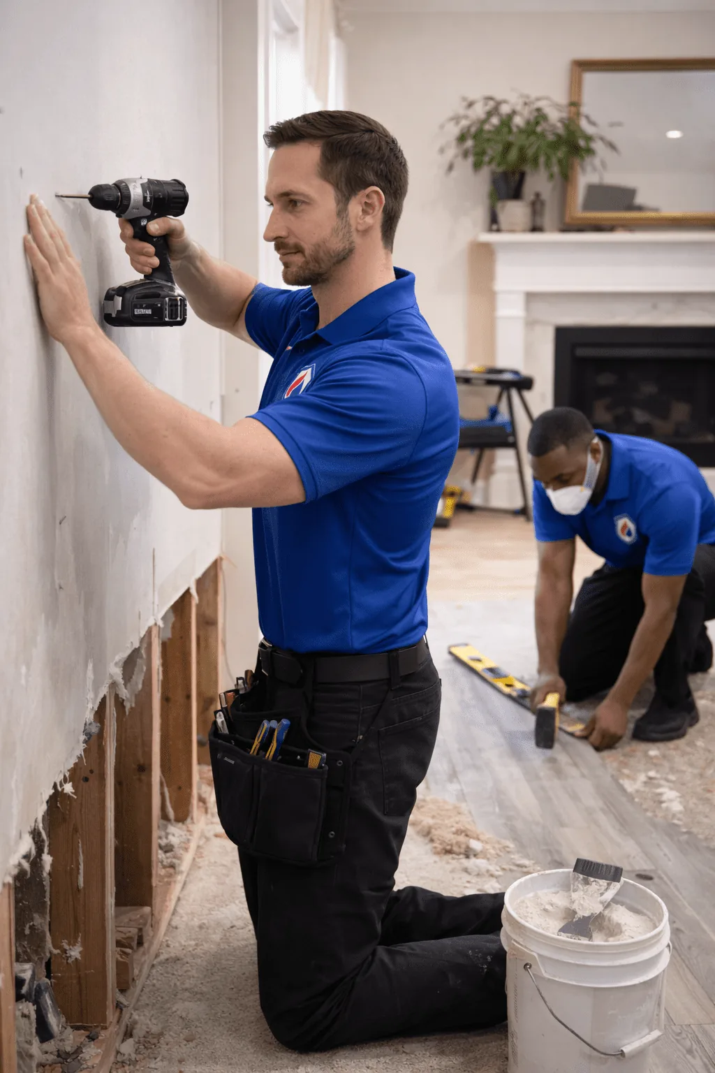 Restoration crew repairing interior walls and flooring