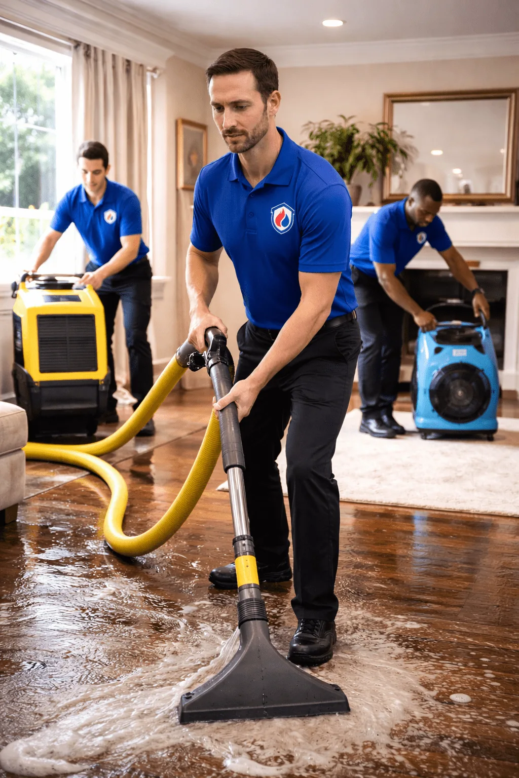 Restoration crew removing standing water from an interior floor